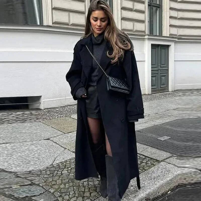 Elegant Grey Belt Long Faux Wo – Wool Coat Peacoat Bewertung und Preis