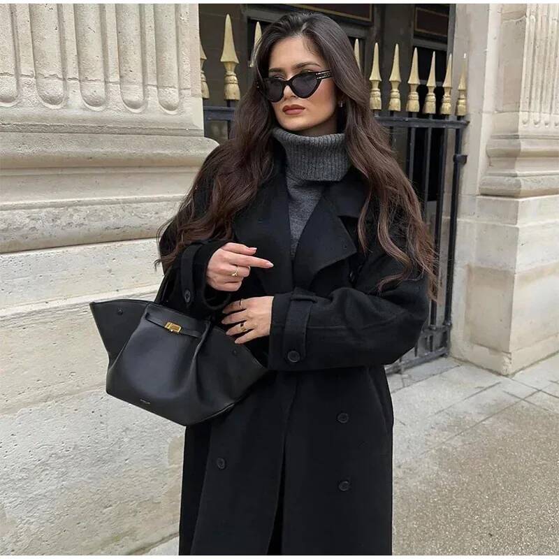 Elegant Grey Belt Long Faux Wo – Wool Coat Peacoat Bewertung und Preis