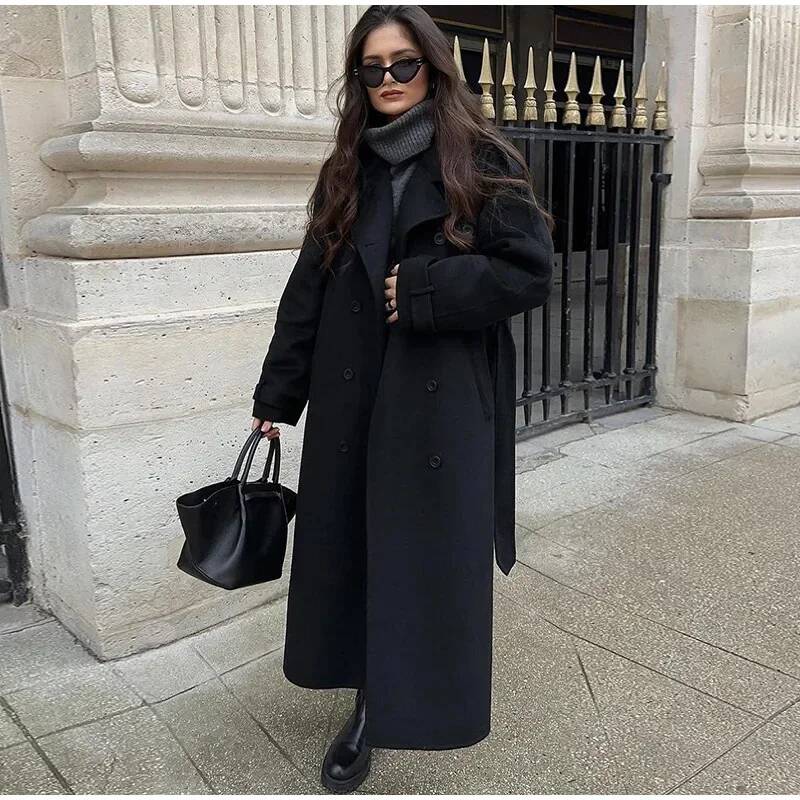 Elegant Grey Belt Long Faux Wo – Wool Coat Peacoat Bewertung und Preis